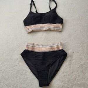 NWT Blooming Jelly Black High Waist Bikini Set Ribbed Crop Top Swimsuit M